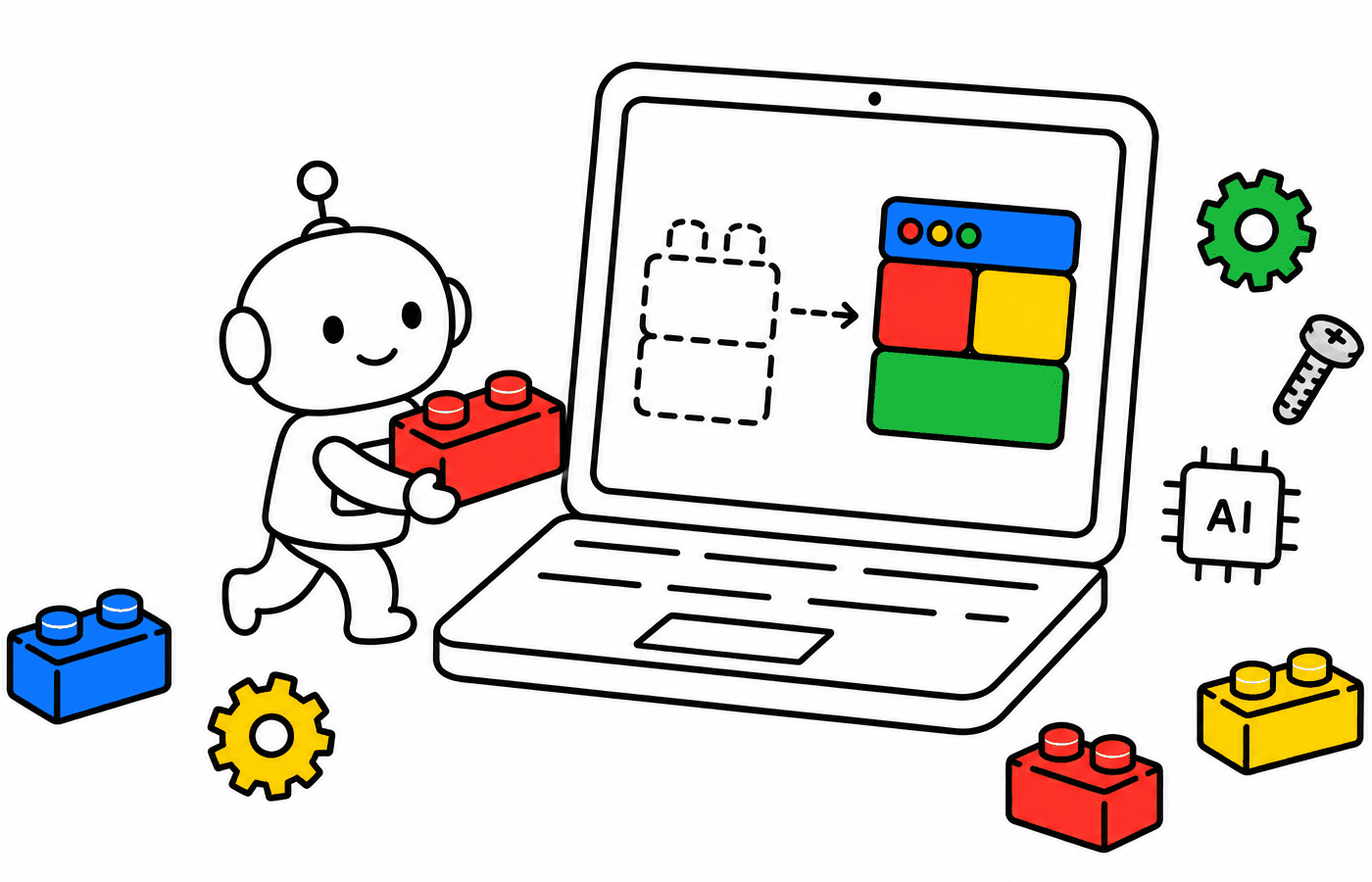 AIとブロックを組み立ててプロトタイプを作るイラスト